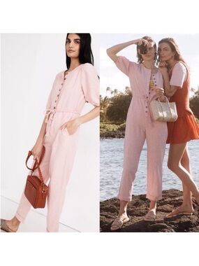 *NWT* Madewell Pink 💕 Linen-Blend Puff-Sleeve Tassel-Tie Jumpsuit / Romper